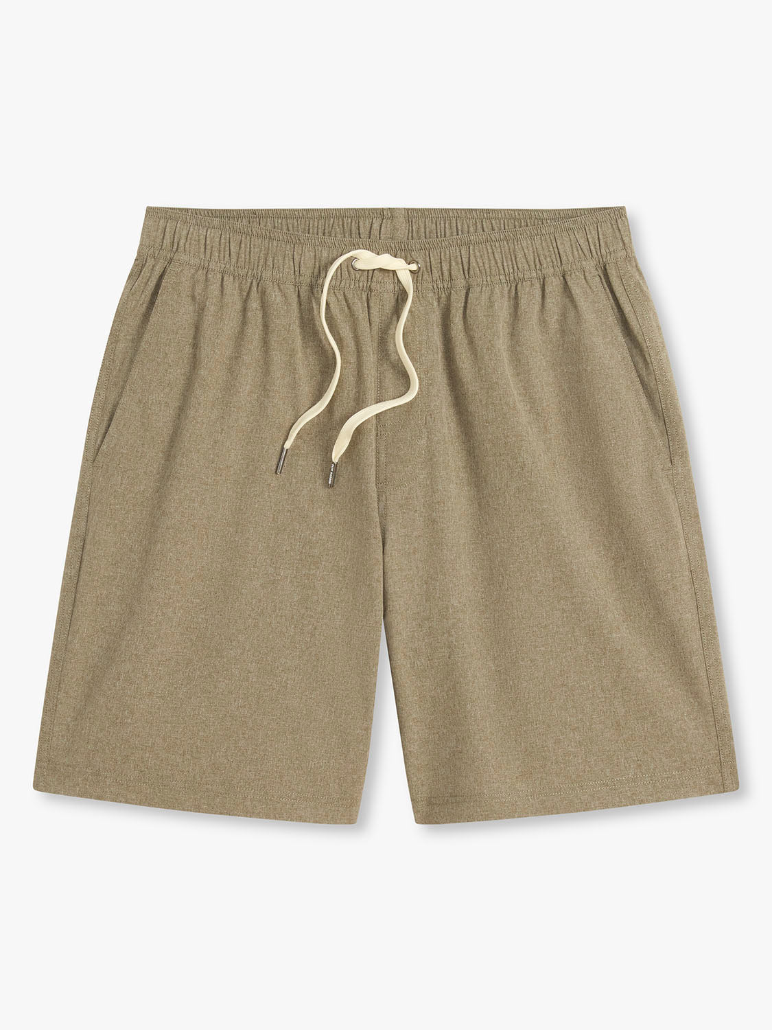 Olive-colored shorts with an elastic waistband and white drawstring on a neutral background.