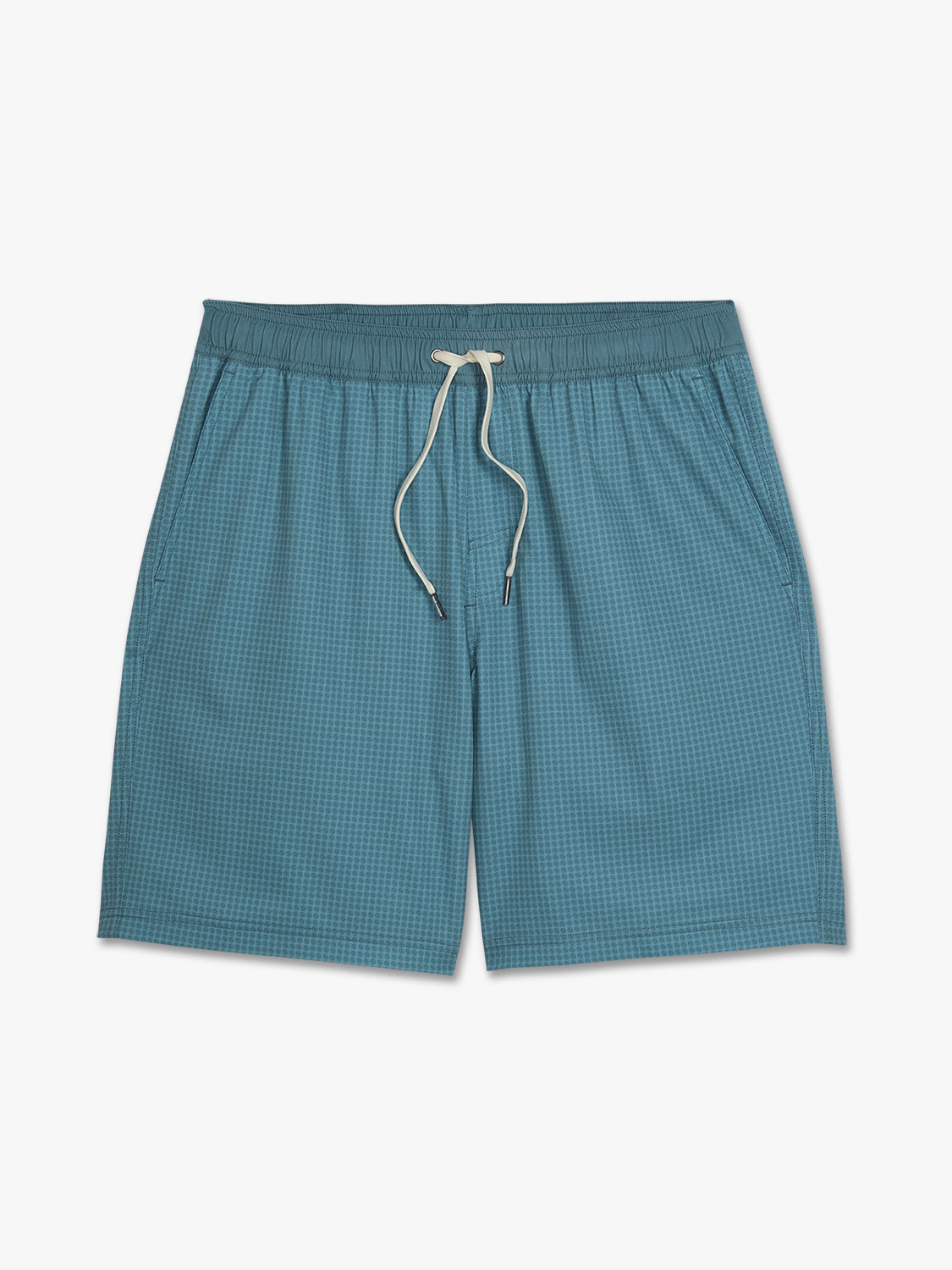 Teal shorts with small geometric pattern and white drawstring waistband on gray background.
