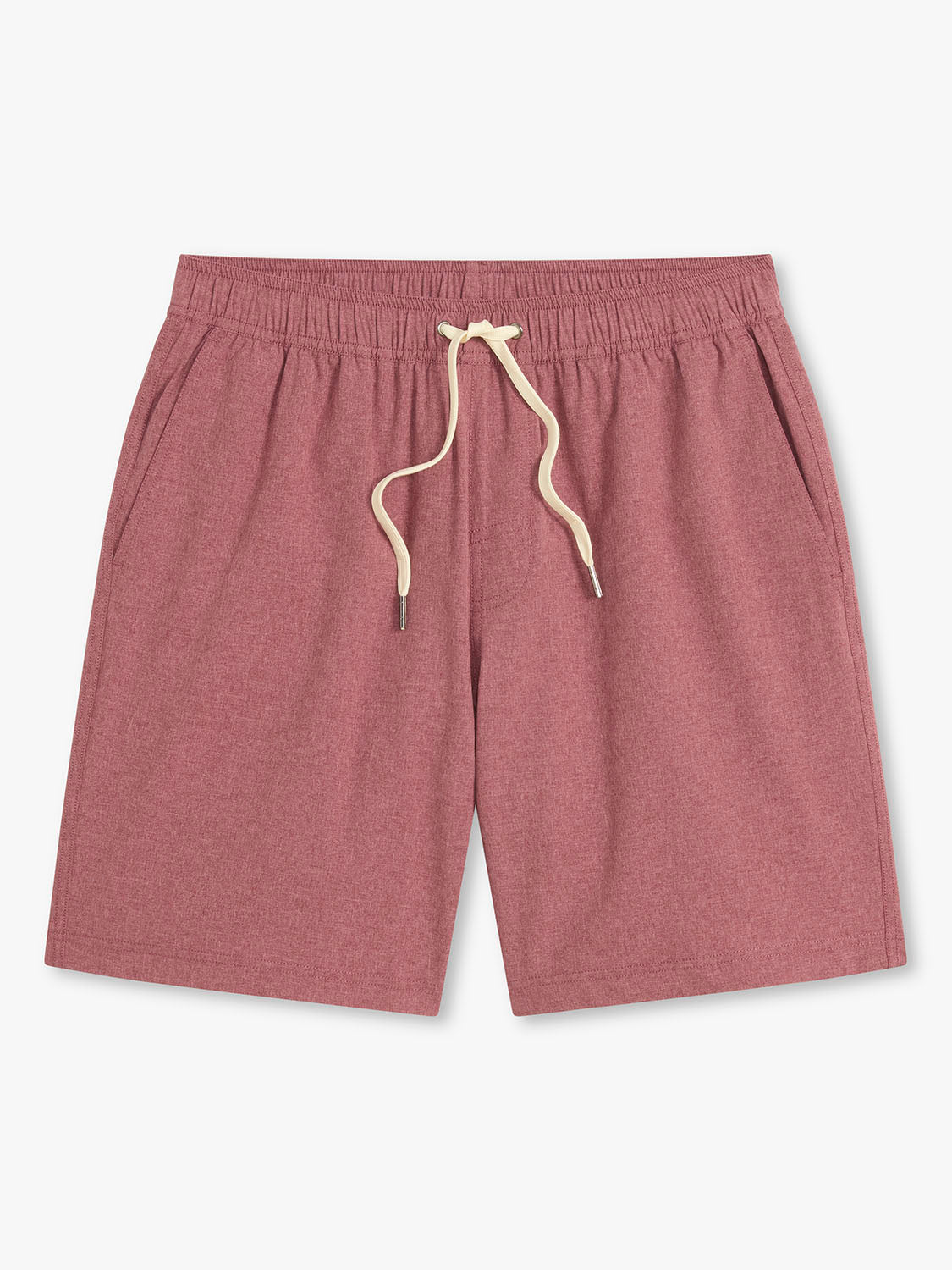 Burgundy shorts with an elastic waistband and cream-colored drawstring tie closure.