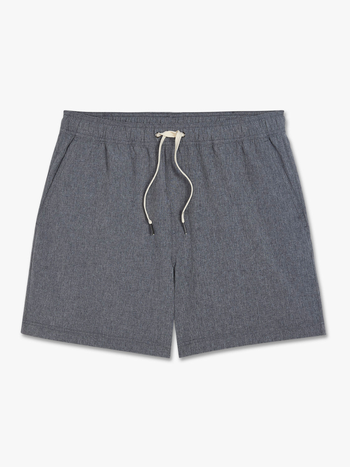 Grey shorts with an elastic waistband and white drawstring closure displayed against a plain background.