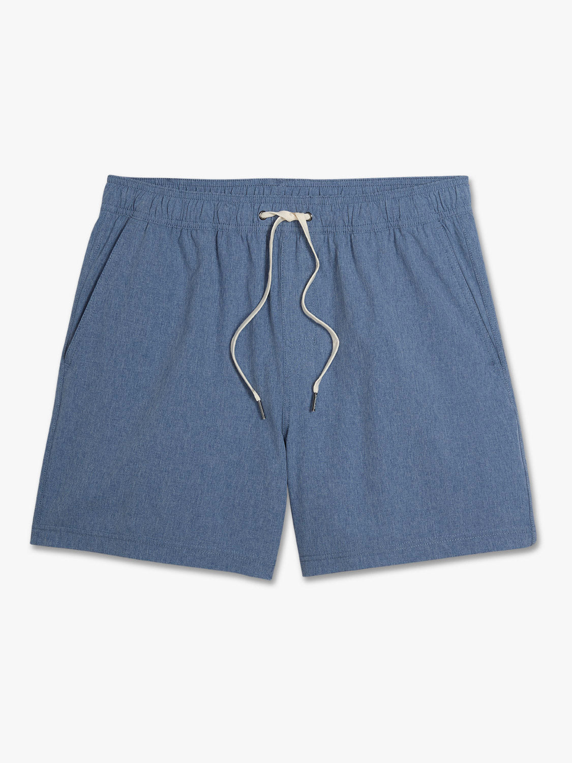 Blue shorts with an elastic waistband and drawstring closure displayed against a neutral background.