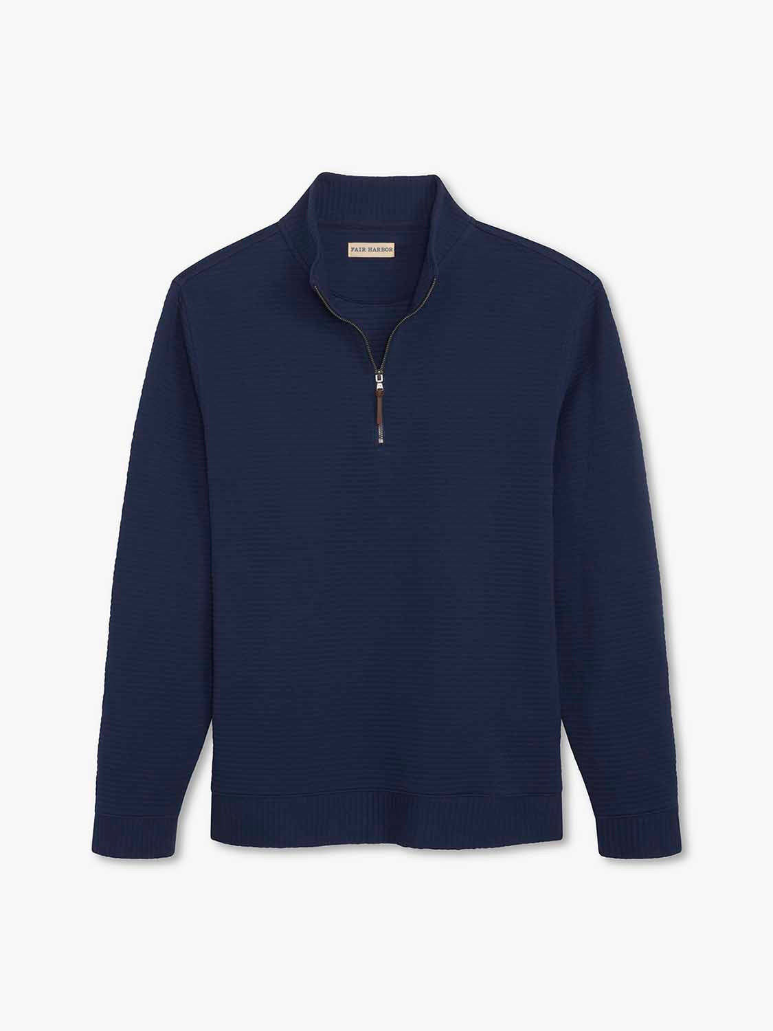 Navy blue quarter zip pullover with ribbed collar, cuffs, and hem displayed on light background.
