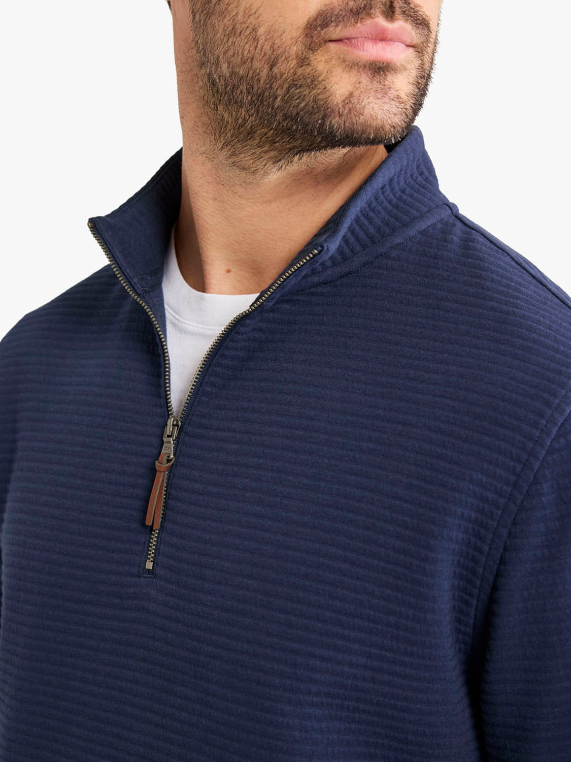 Man wearing navy quarter zip pullover with brown leather zipper pull over white shirt.