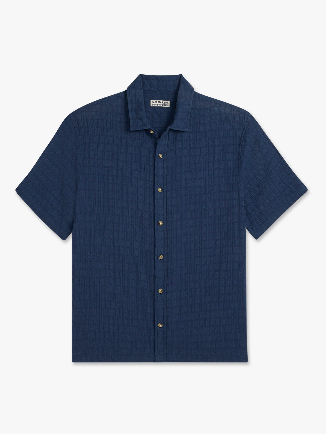 Navy short-sleeve shirt with textured basket weave pattern and gold button front closure.