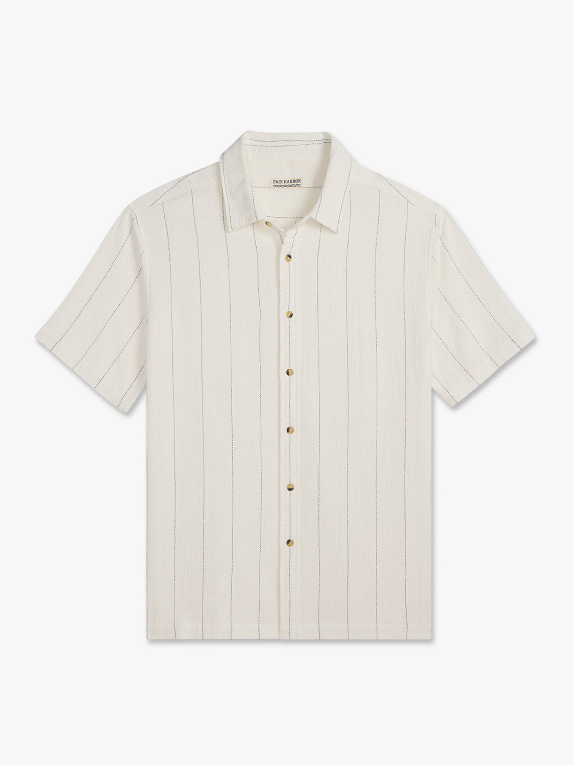 Cream short-sleeved shirt with vertical stripe texture and brown button front closure.