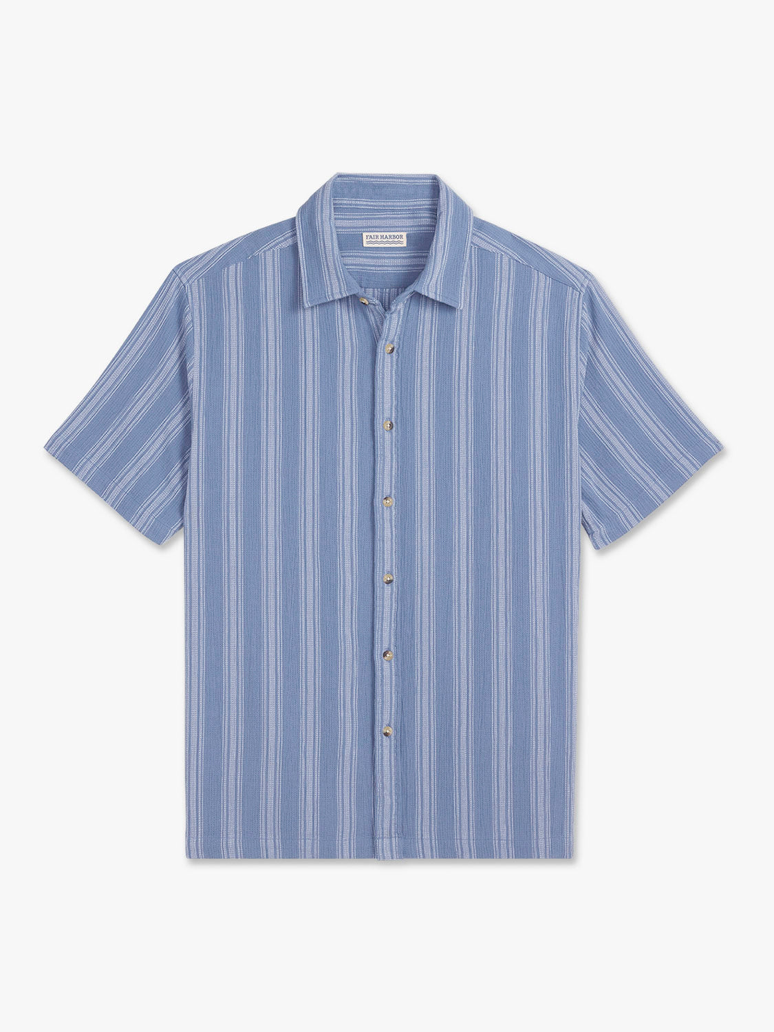 Blue and white striped short-sleeve button-up shirt displayed flat against a white background.