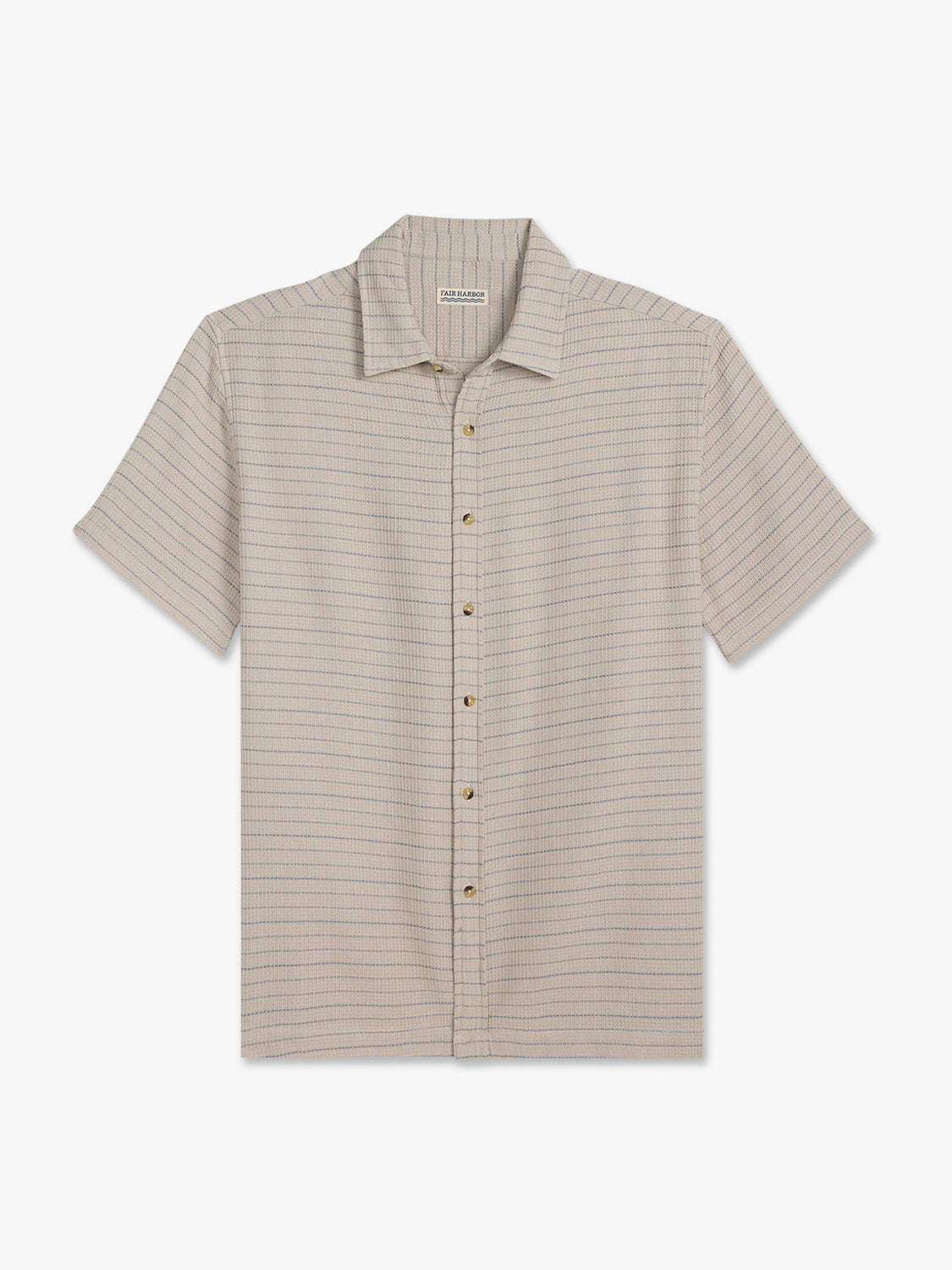 Beige short-sleeve textured shirt with horizontal stripe pattern and gold buttons displayed on white background.