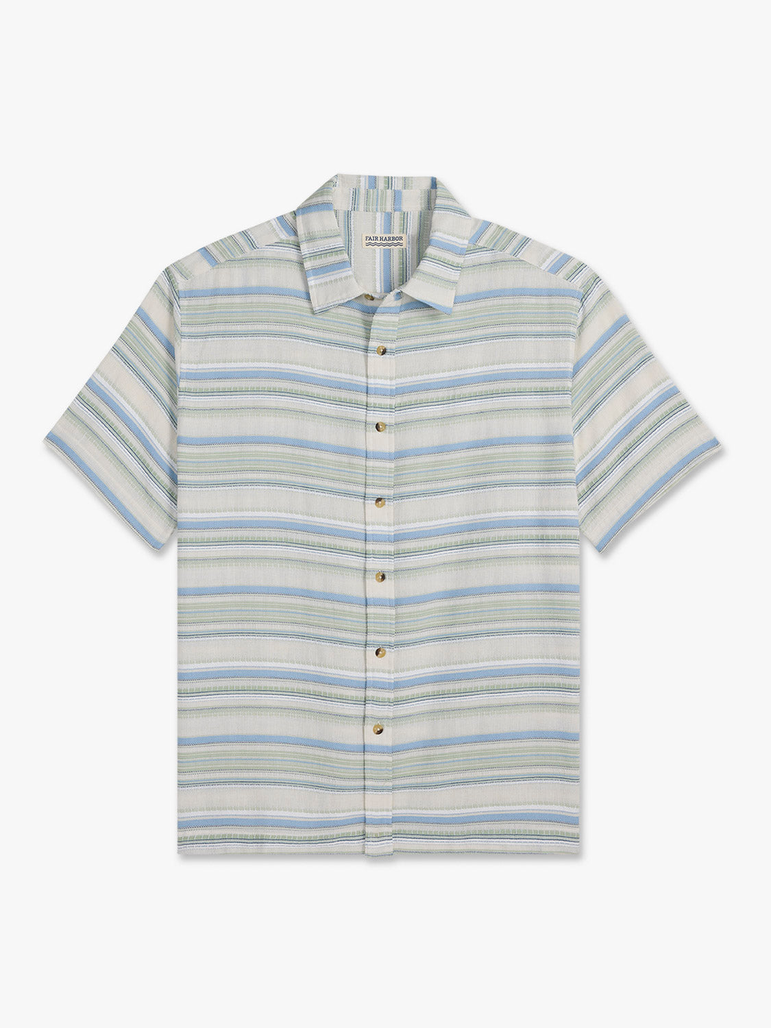 Short-sleeved button-up shirt with horizontal blue and green stripes on cream background.
