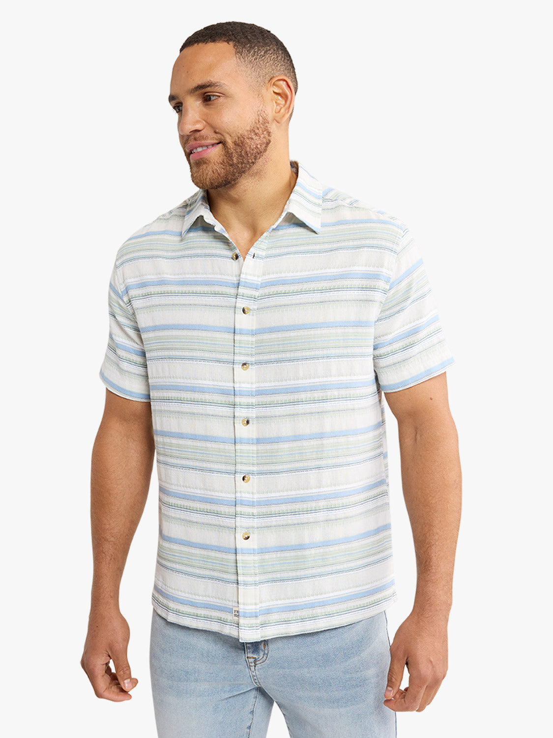 Man wearing a short-sleeved striped shirt in blue, gray, and white horizontal stripes with a collar.