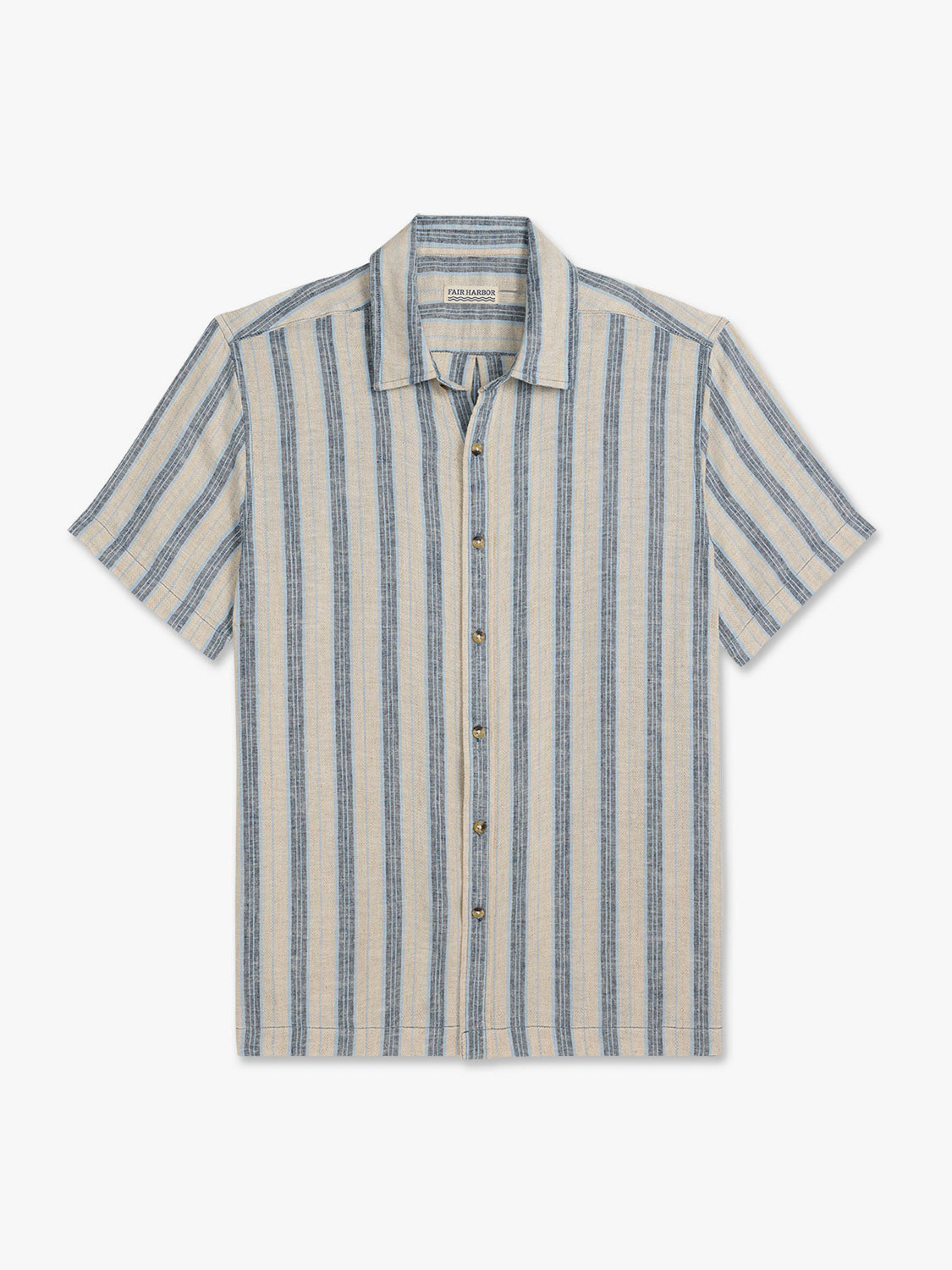 Short-sleeved button-up shirt with vertical blue and cream stripes and a textured weave fabric.