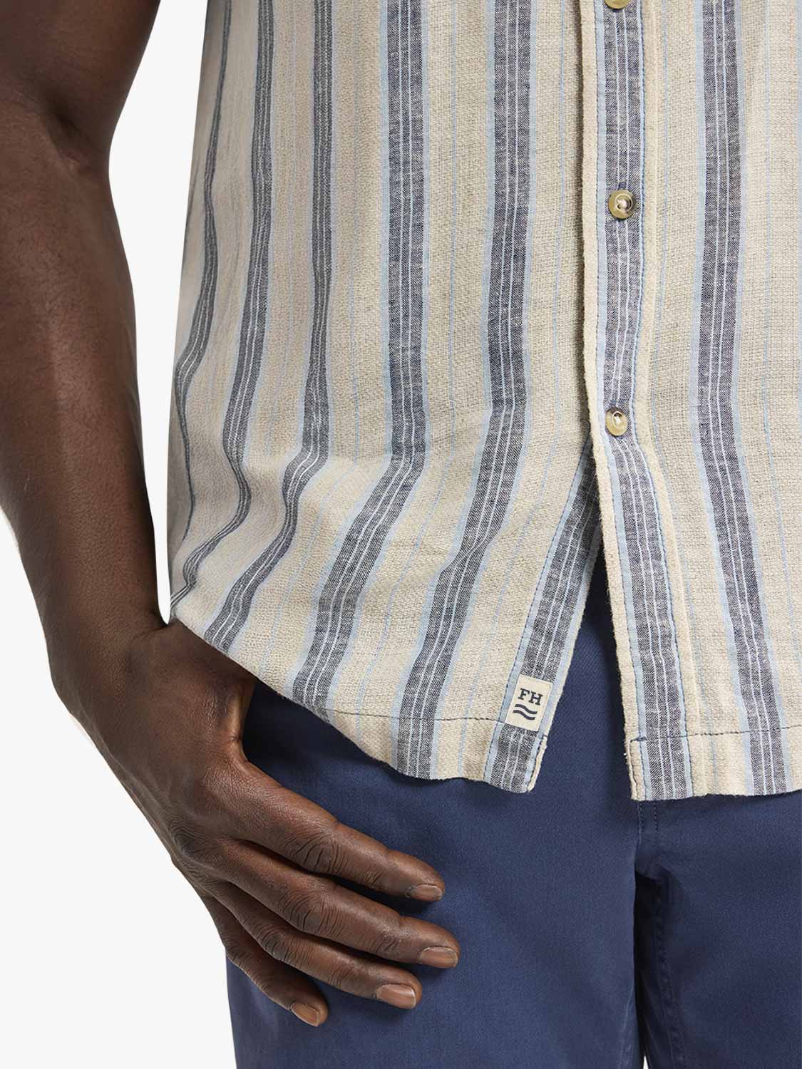 Man wearing a cream and blue striped short-sleeve button-up shirt with textured fabric.