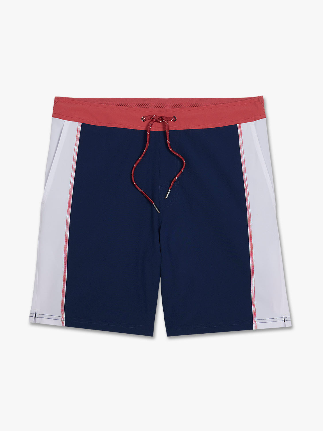 Navy, red, and white colorblock board shorts with a drawstring waistband and side seams.