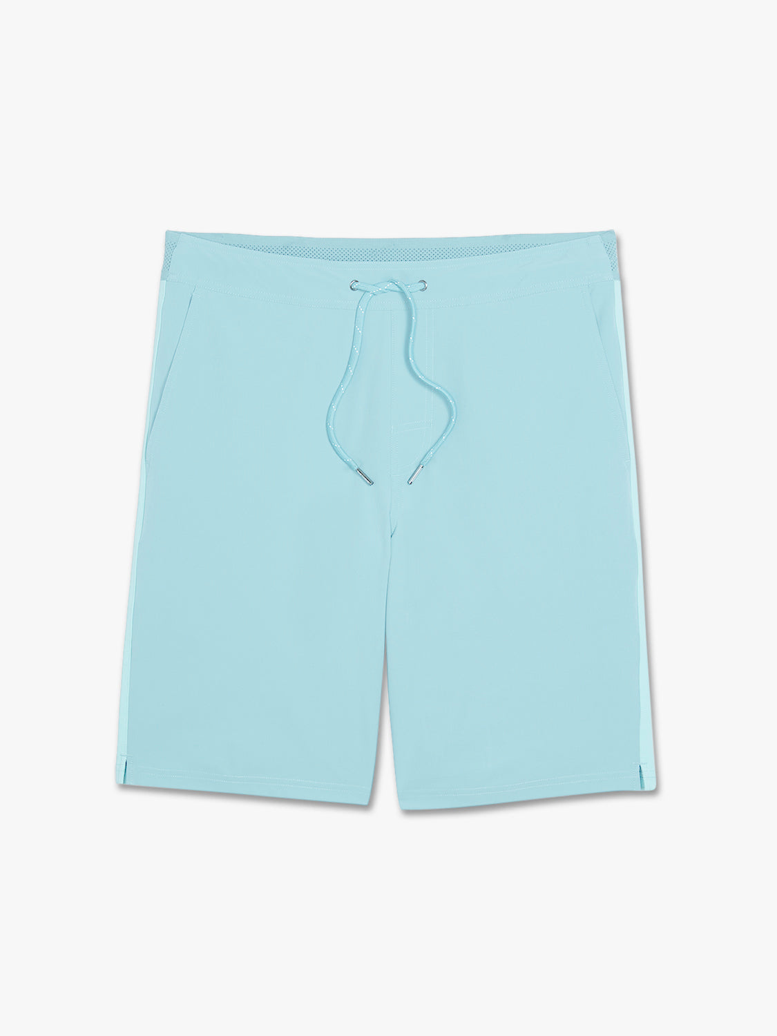 Bay blue striped shorts with drawstring waist and side pockets displayed flat.