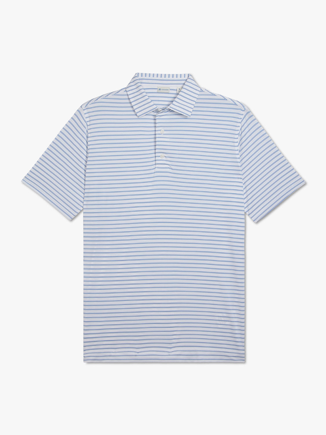 Short-sleeved polo shirt with horizontal blue and white stripes and a collared neckline.
