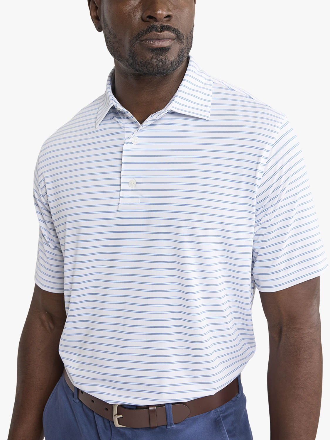 Man wearing a white and blue striped polo shirt with a collar and short sleeves.
