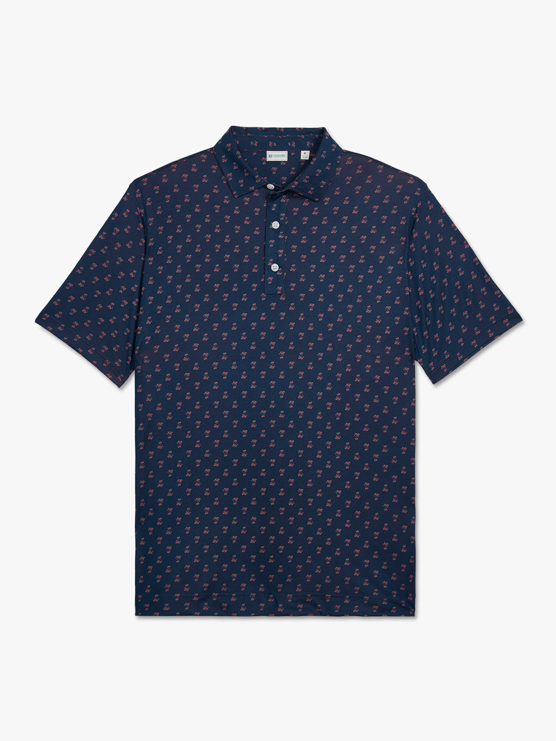 Navy polo shirt with small red floral pattern and white button placket displayed flat.