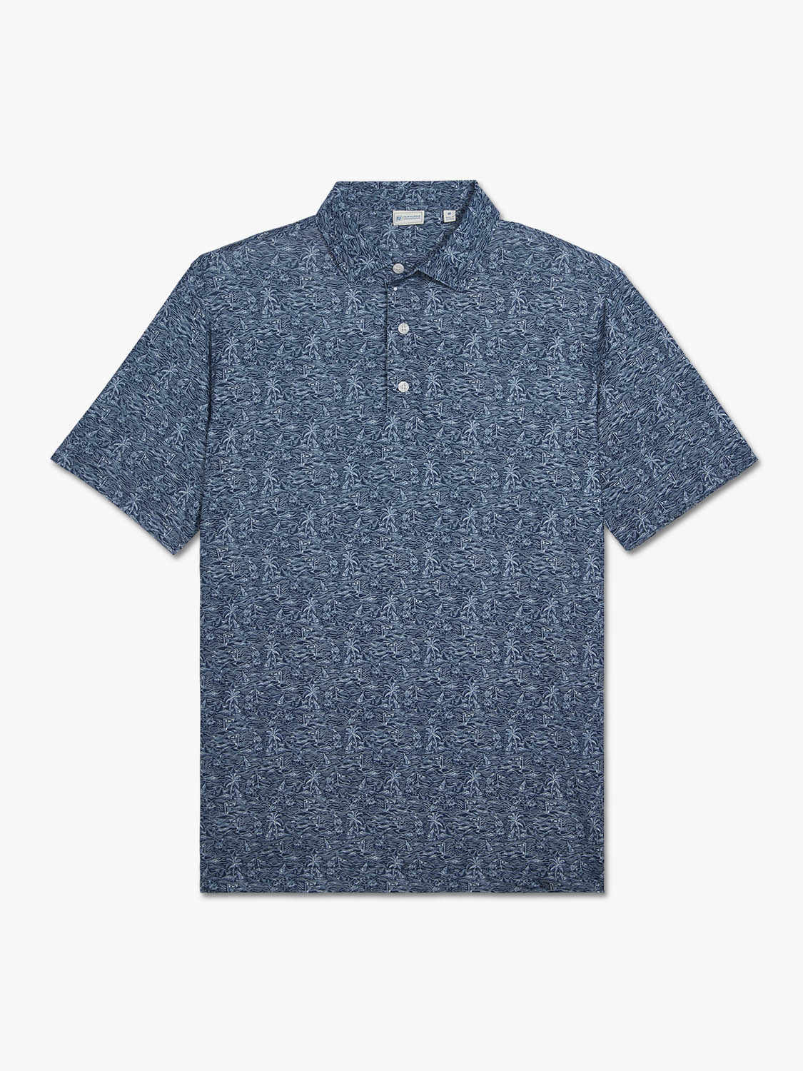 Blue polo shirt with tropical palm tree pattern and white buttons displayed on neutral background.