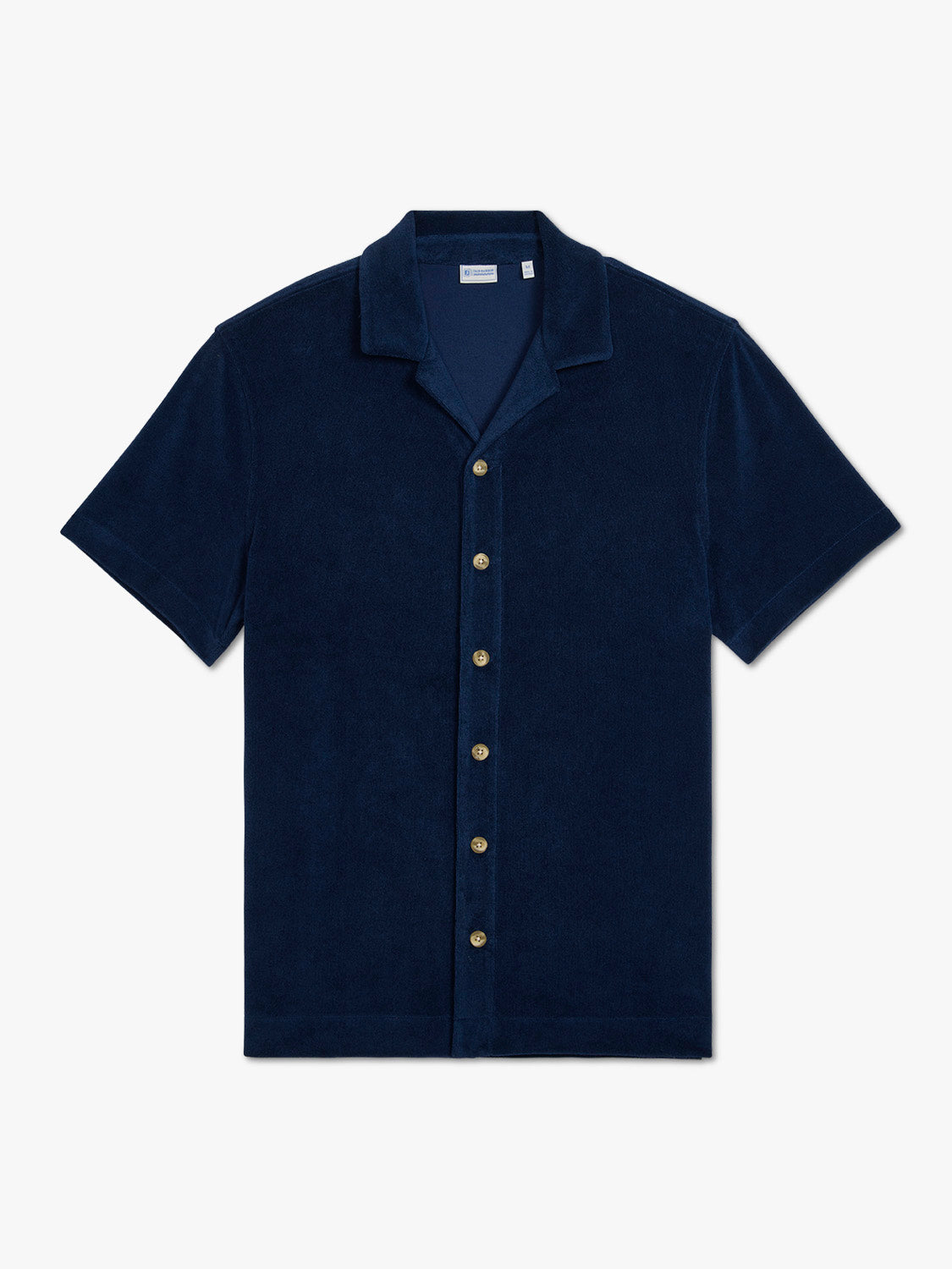 Navy terry cloth short sleeve button-up shirt displayed flat against a white background.