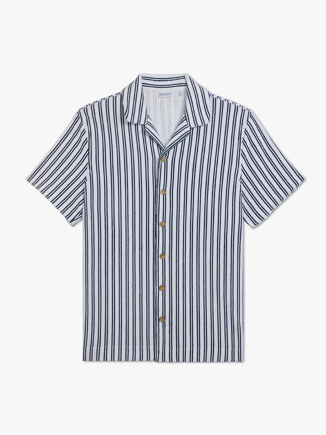 White and navy striped short sleeve button up shirt with notch collar and wooden buttons.
