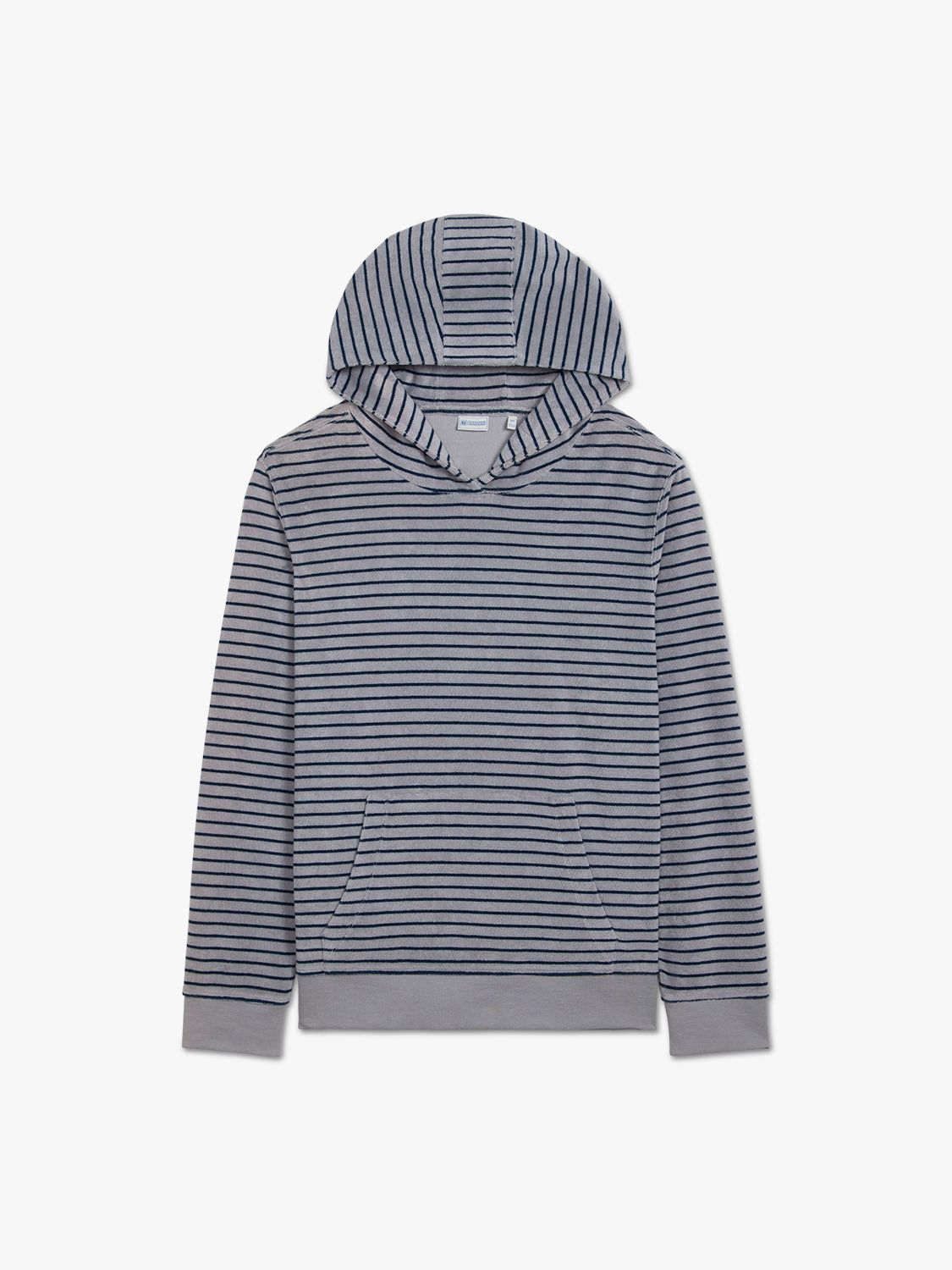Gray terry hoodie with dark blue horizontal stripes and matching ribbed cuffs and hem.