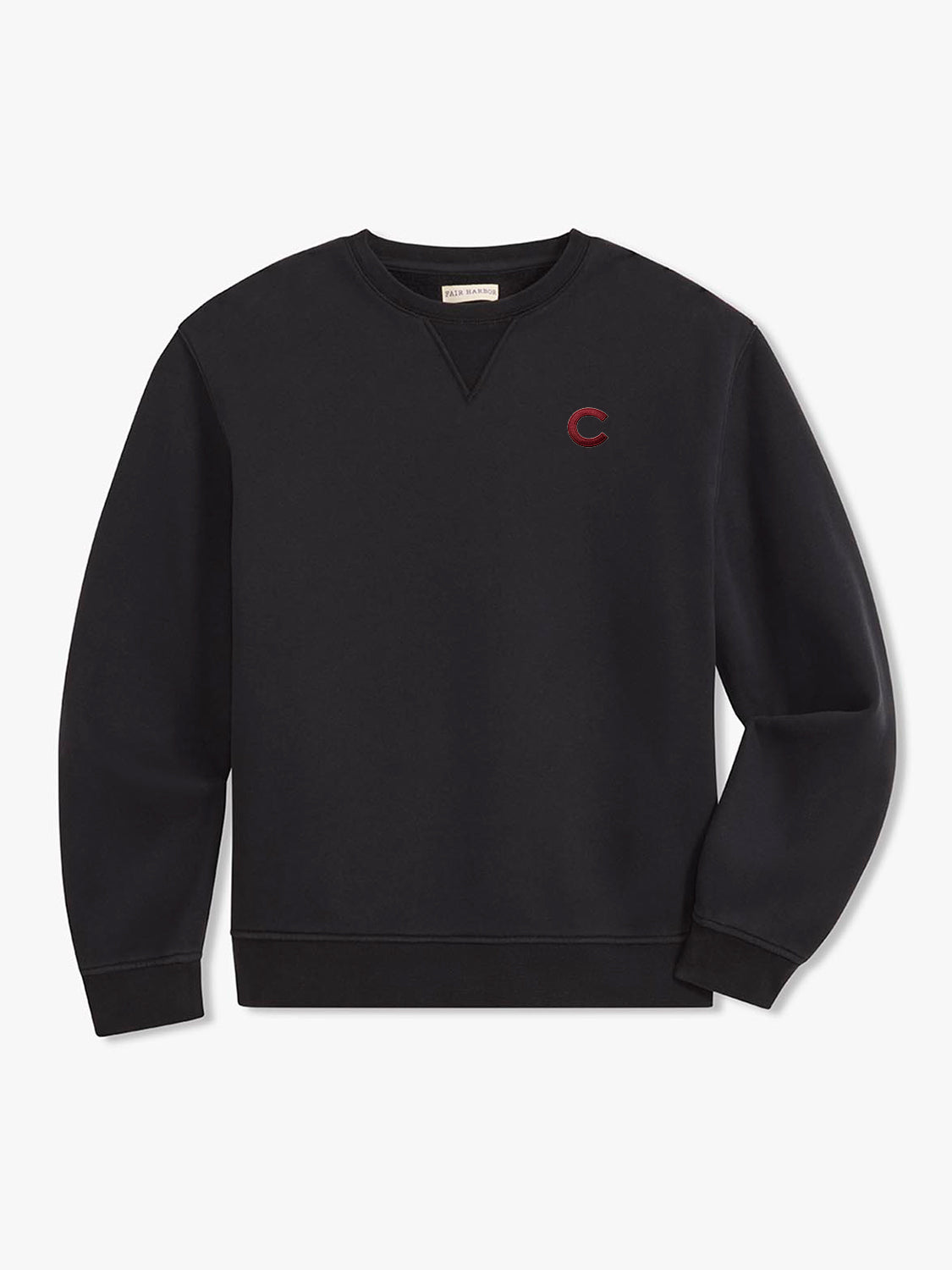 Black crewneck sweatshirt with small red C logo embroidered on chest.