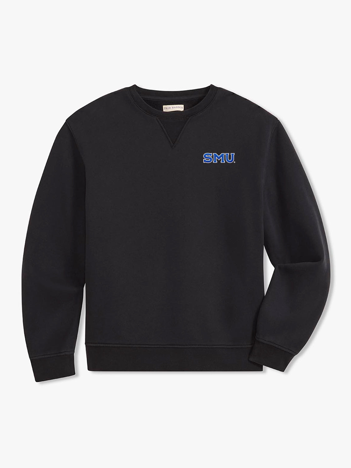 Black crewneck sweatshirt with blue SMU embroidered logo on chest.