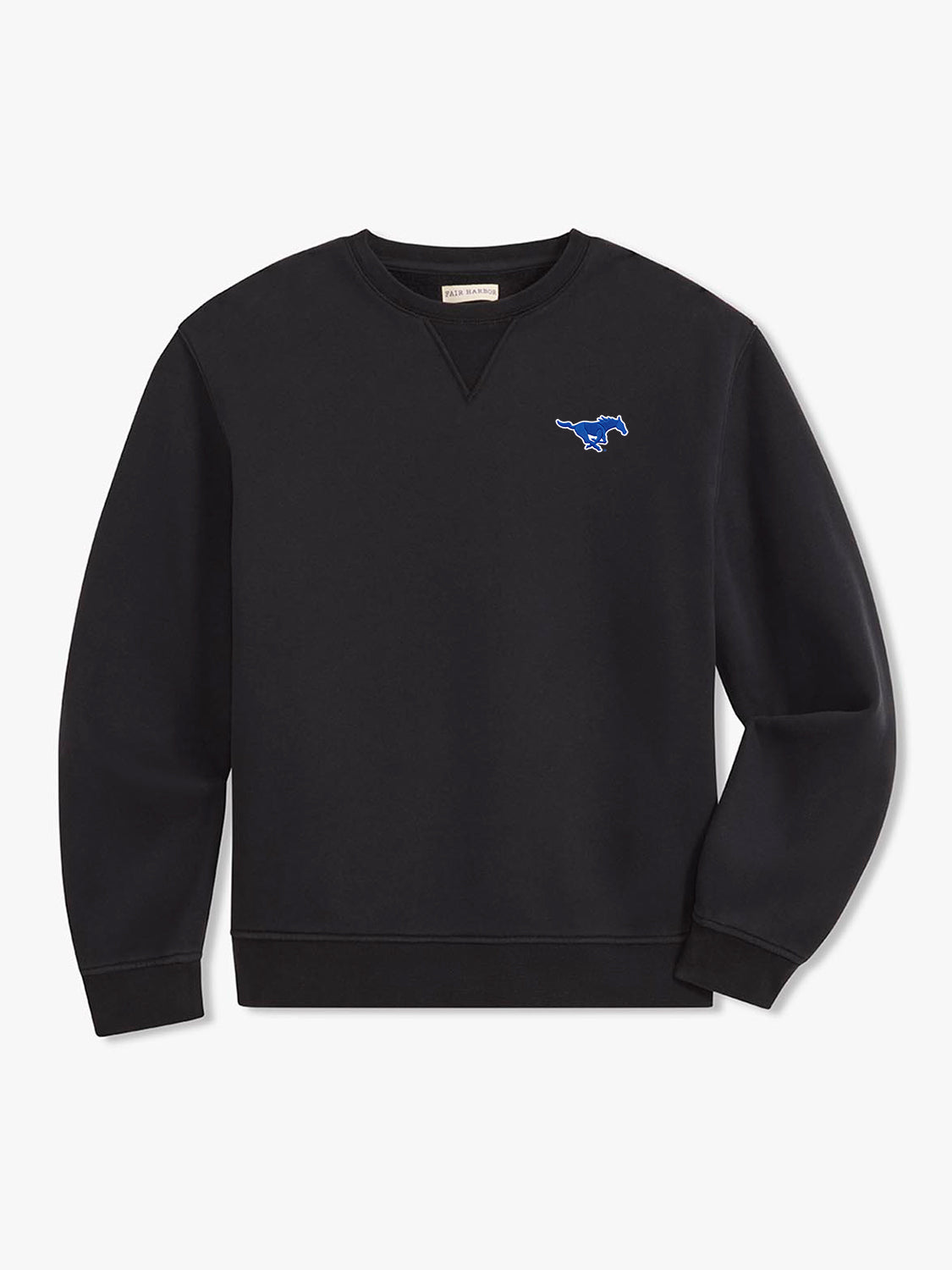 Black crewneck sweatshirt with a small blue running horse logo on the chest.