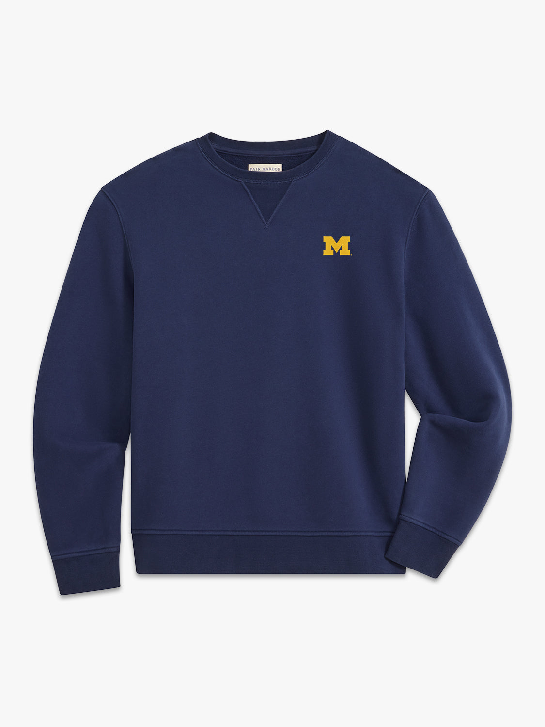 Navy crewneck sweatshirt with small yellow University of Michigan M logo on chest.