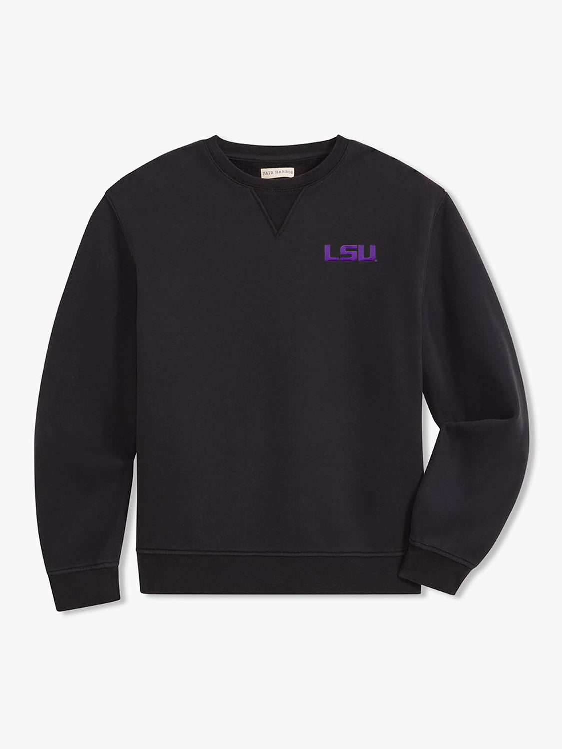 Black crewneck sweatshirt with purple LSU text embroidered on the chest.
