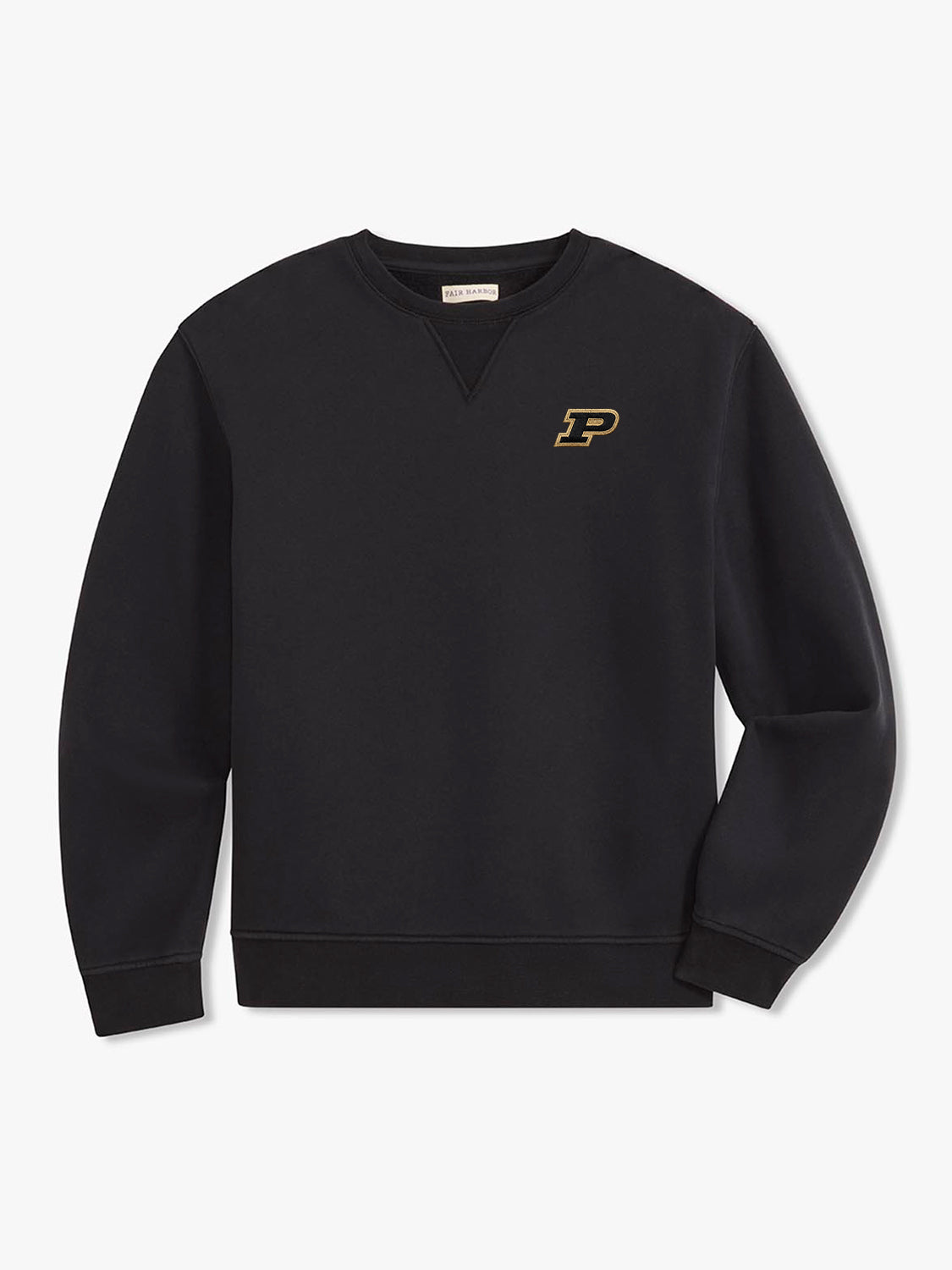 Black crewneck sweatshirt with gold Purdue P logo embroidered on chest.