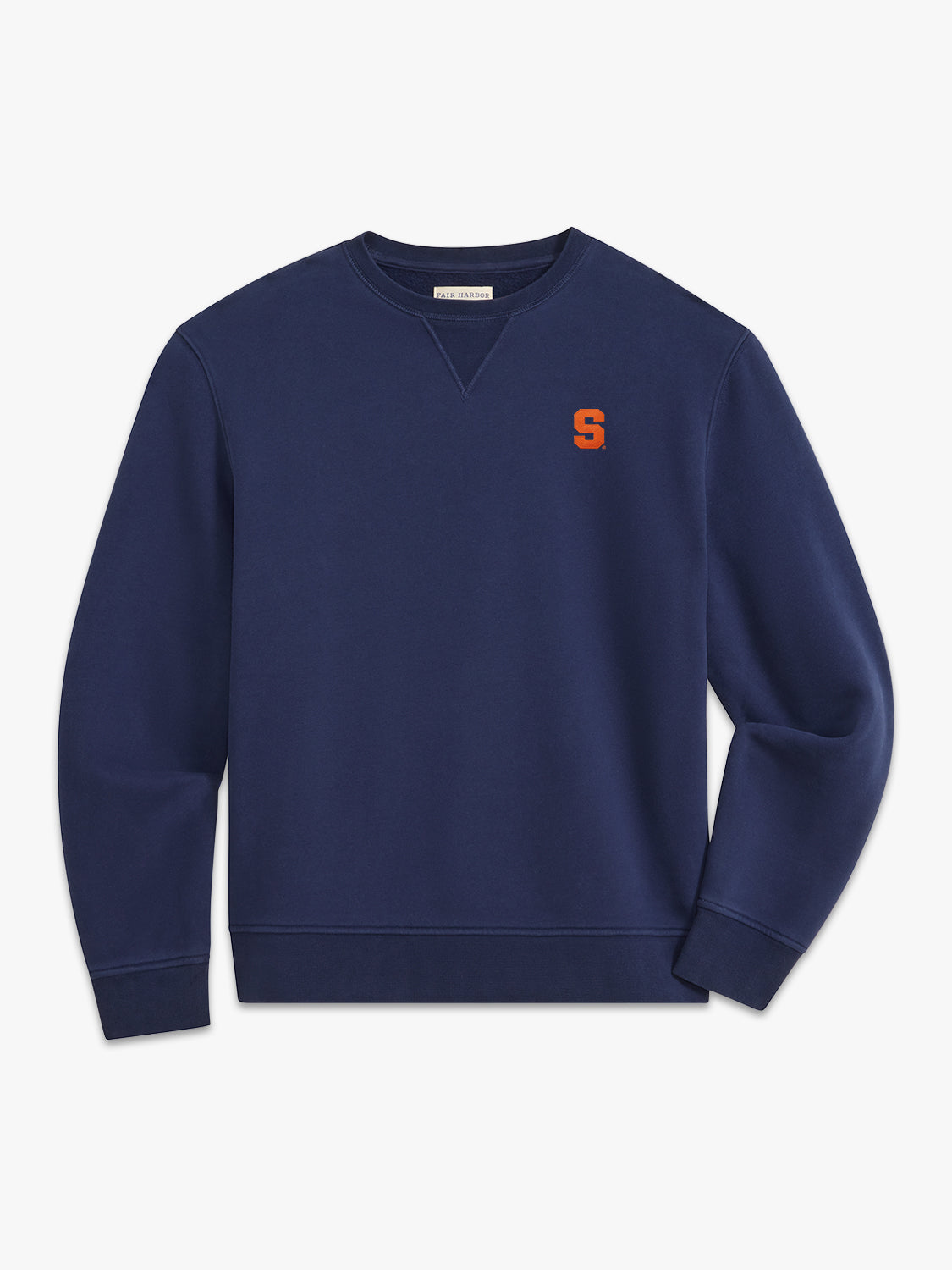 Navy crewneck sweatshirt with small orange S logo on chest.
