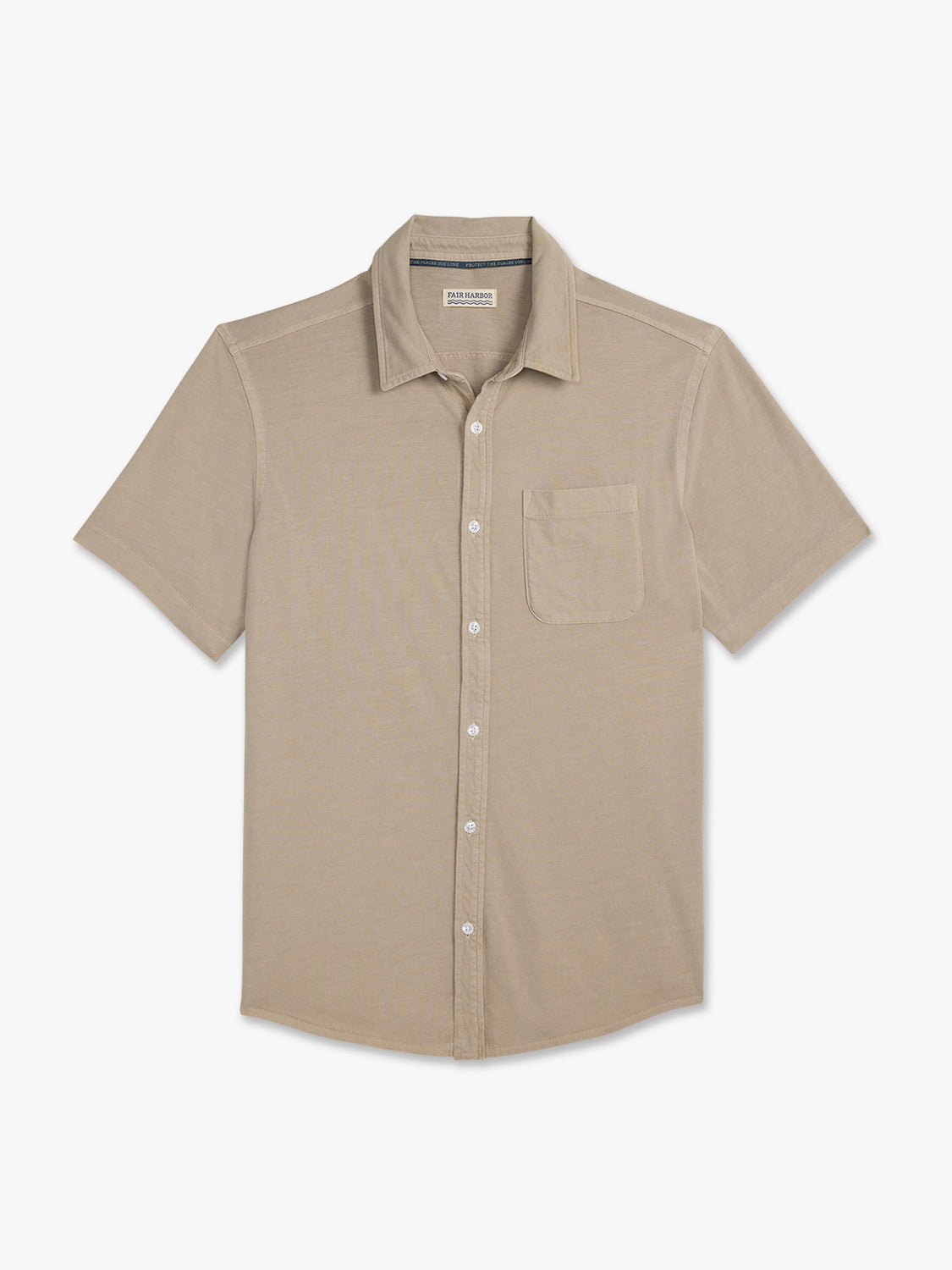 Beige short-sleeved button-up shirt with chest pocket and spread collar displayed flat.