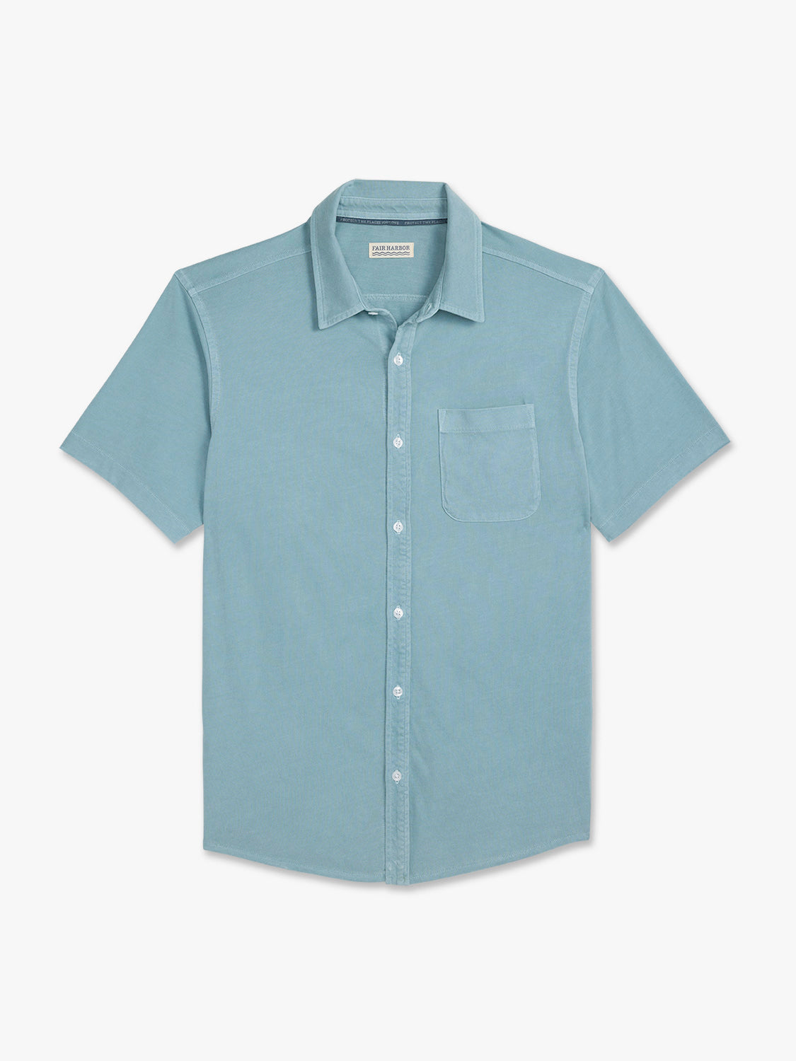 Bay blue short-sleeved button-up shirt with chest pocket and white buttons.