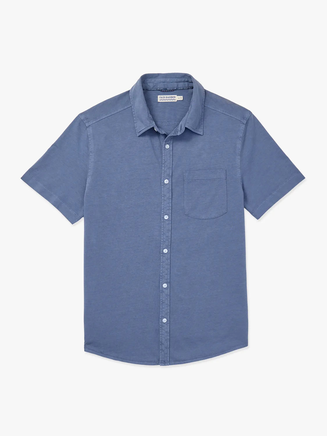 Navy short-sleeved button-up shirt with chest pocket and white buttons displayed flat.