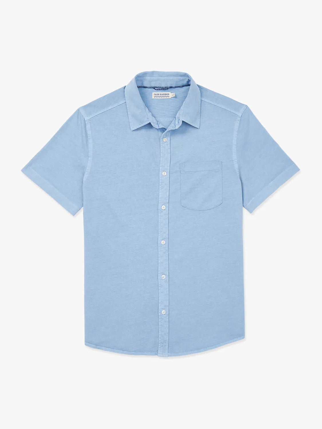 Light blue short-sleeve button-up shirt with collar and chest pocket displayed flat.