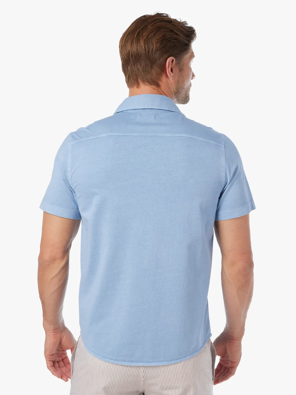 Man wearing a light blue short-sleeved collared shirt viewed from the back.