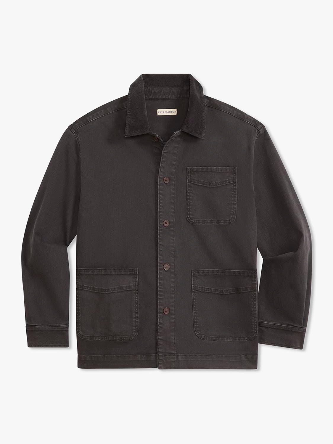 Black chore jacket with collared neckline, button front, chest pocket, and two lower cargo pockets.