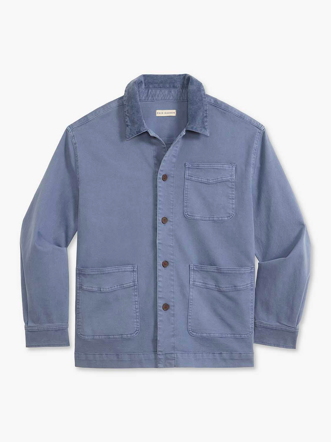 Blue chore jacket with collar, button front, chest pocket, and two lower patch pockets displayed flat.