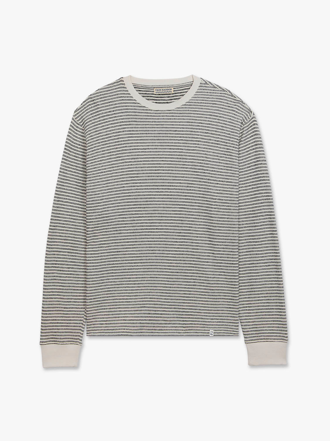 Long-sleeve crewneck sweatshirt with horizontal green and cream stripes and ribbed cuffs.