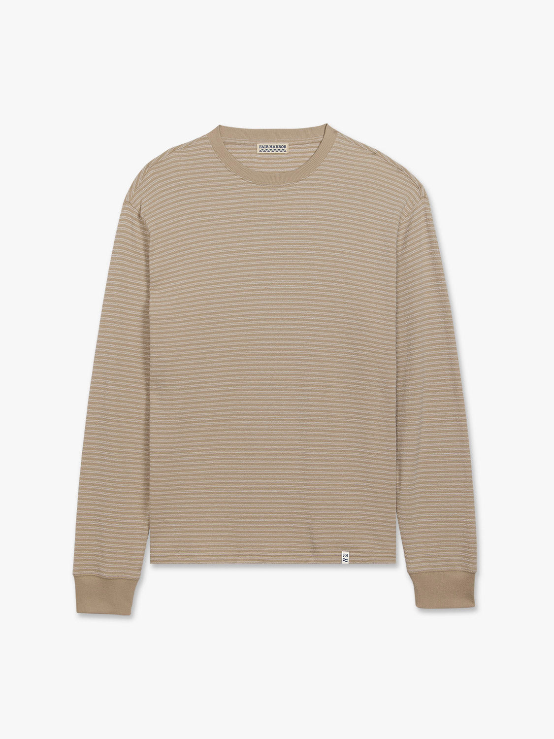 Beige crewneck sweatshirt with horizontal stripes and ribbed cuffs displayed against a white background.