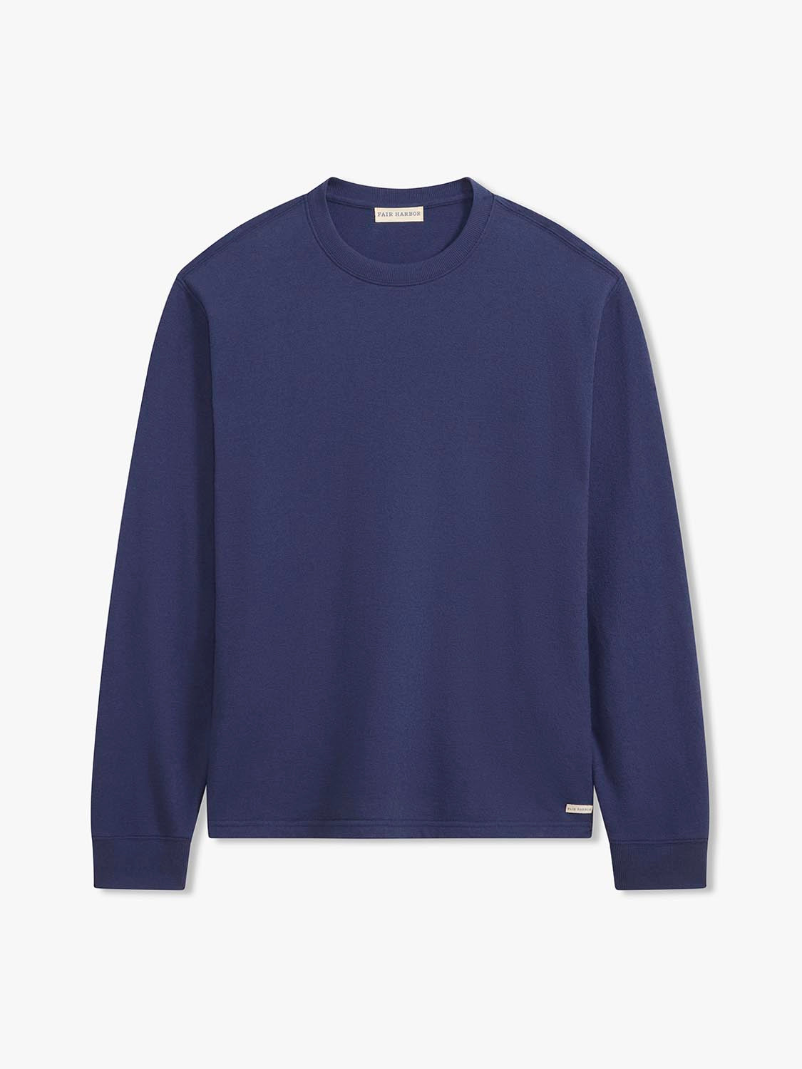 Navy crewneck sweatshirt with long sleeves and ribbed cuffs displayed against a light background.