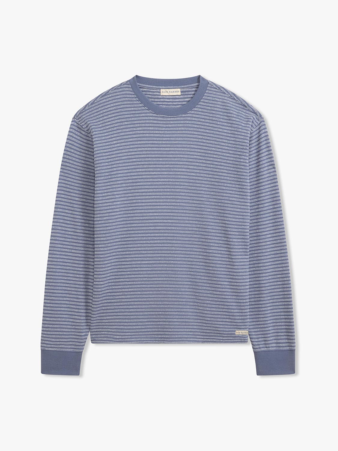 Blue and white horizontal striped crewneck sweatshirt with ribbed cuffs and hem displayed against white background.