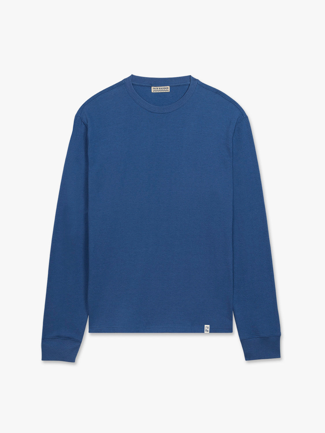 Sea blue crew neck sweatshirt with long sleeves and ribbed cuffs displayed against white background.