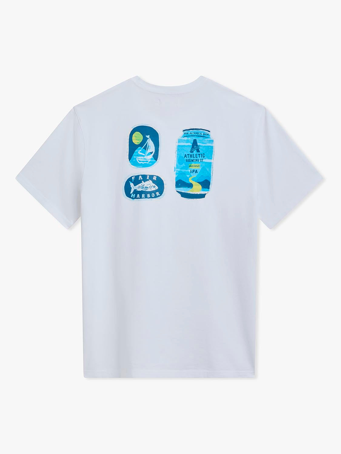 Light blue short-sleeve t-shirt with three graphic designs printed on the back featuring nautical and brewery imagery.