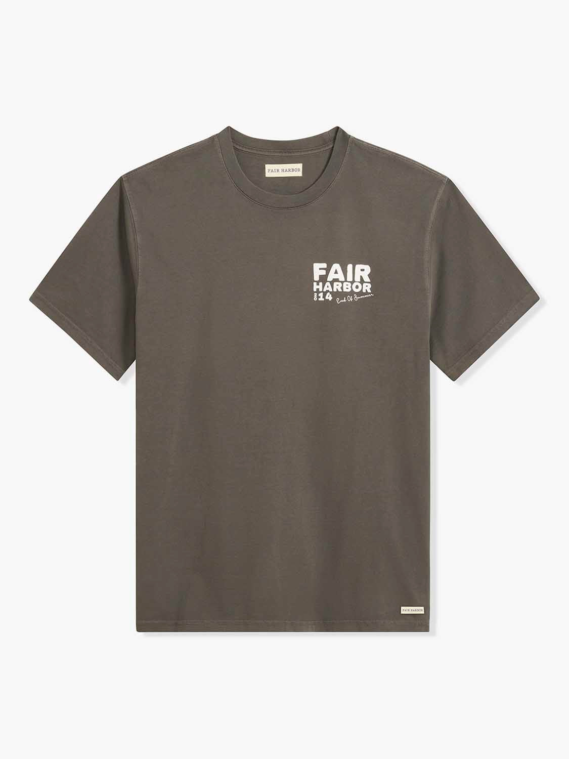 Charcoal gray short-sleeve t-shirt with white Fair Harbor graphic print on chest.