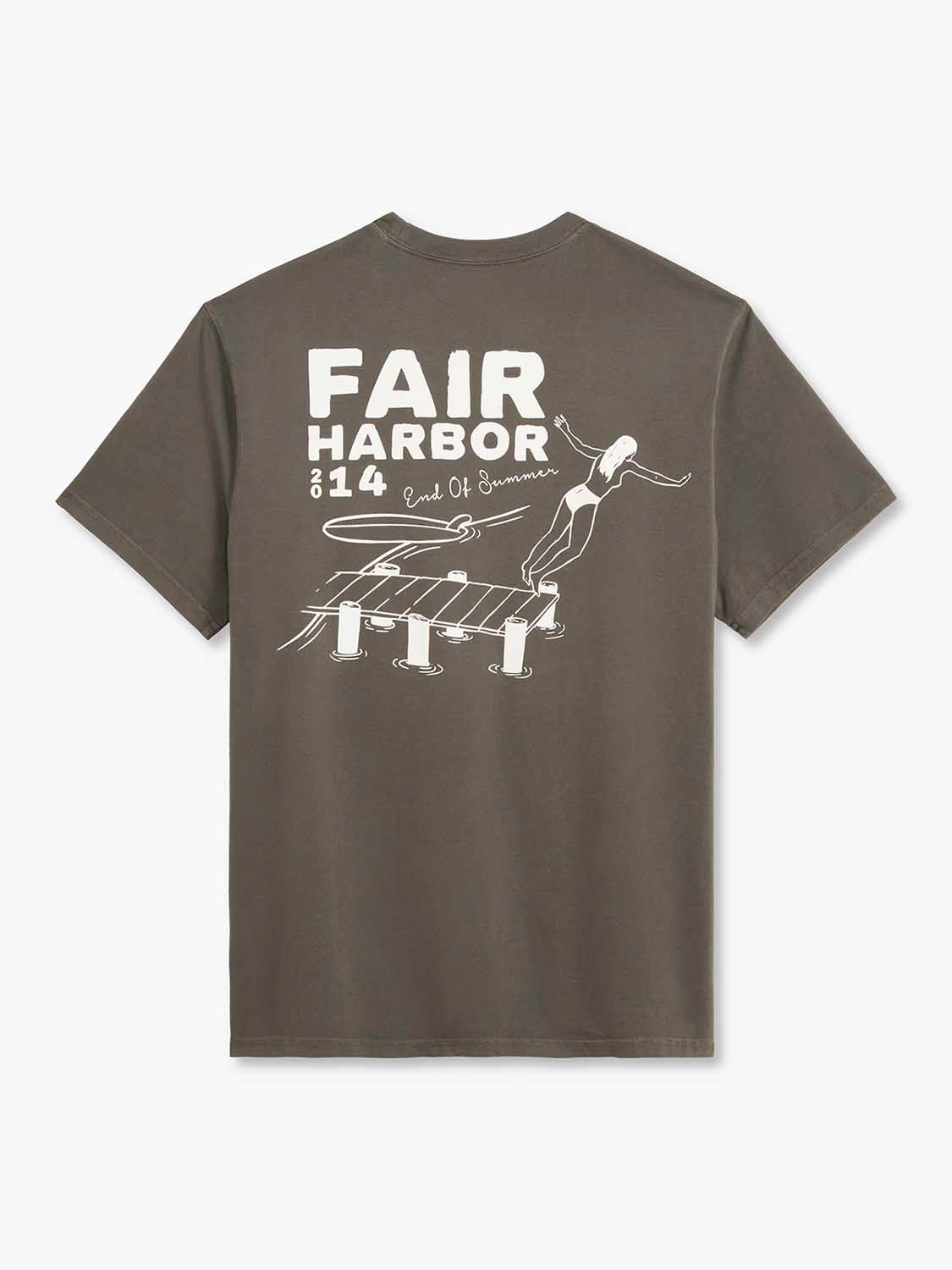Charcoal gray t-shirt with white graphic print of Fair Harbor 2014 End Of Summer design featuring diver and dock illustration.