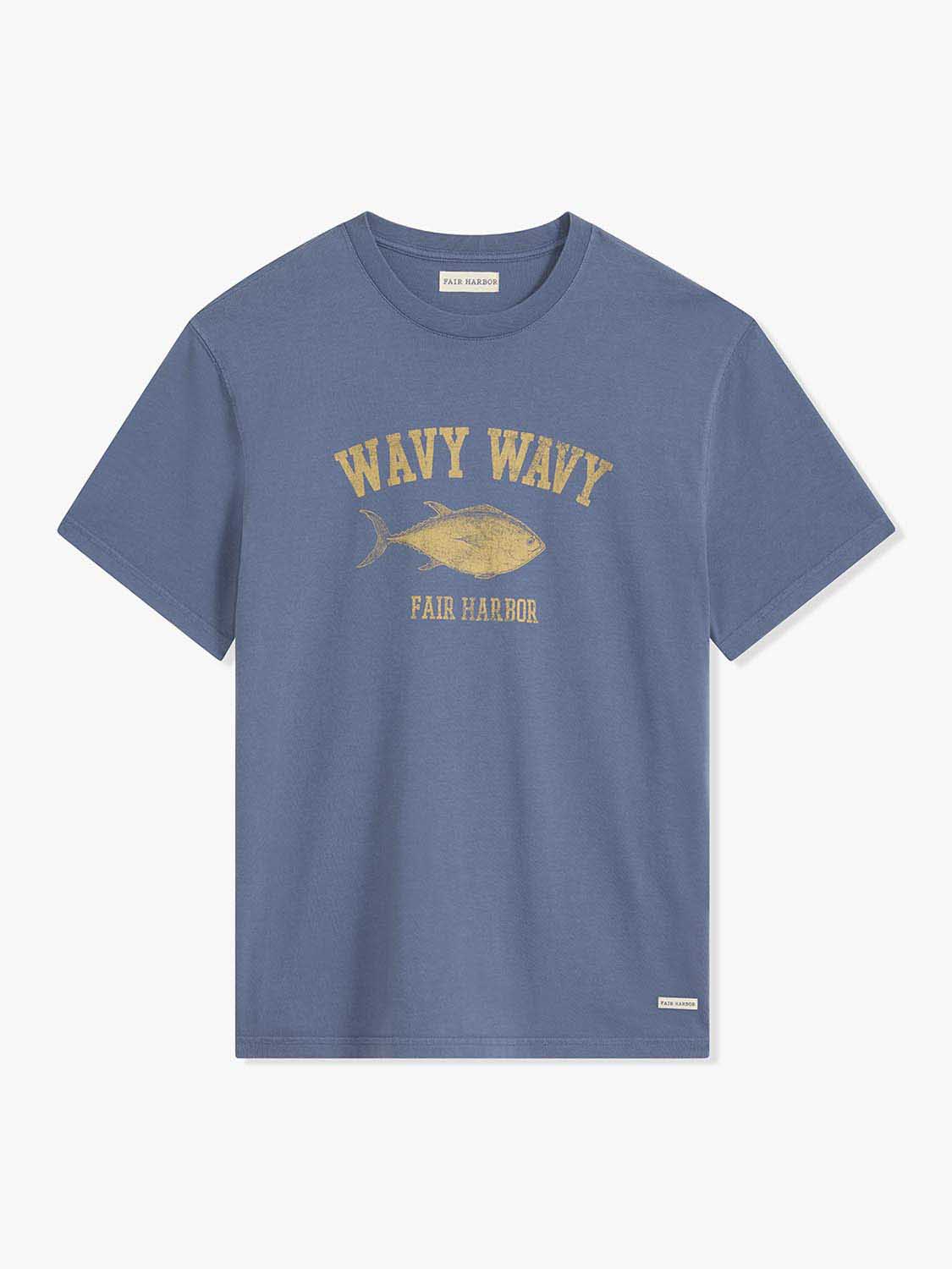 Navy blue t-shirt with gold wavy wavy text and fish graphic centered on chest.