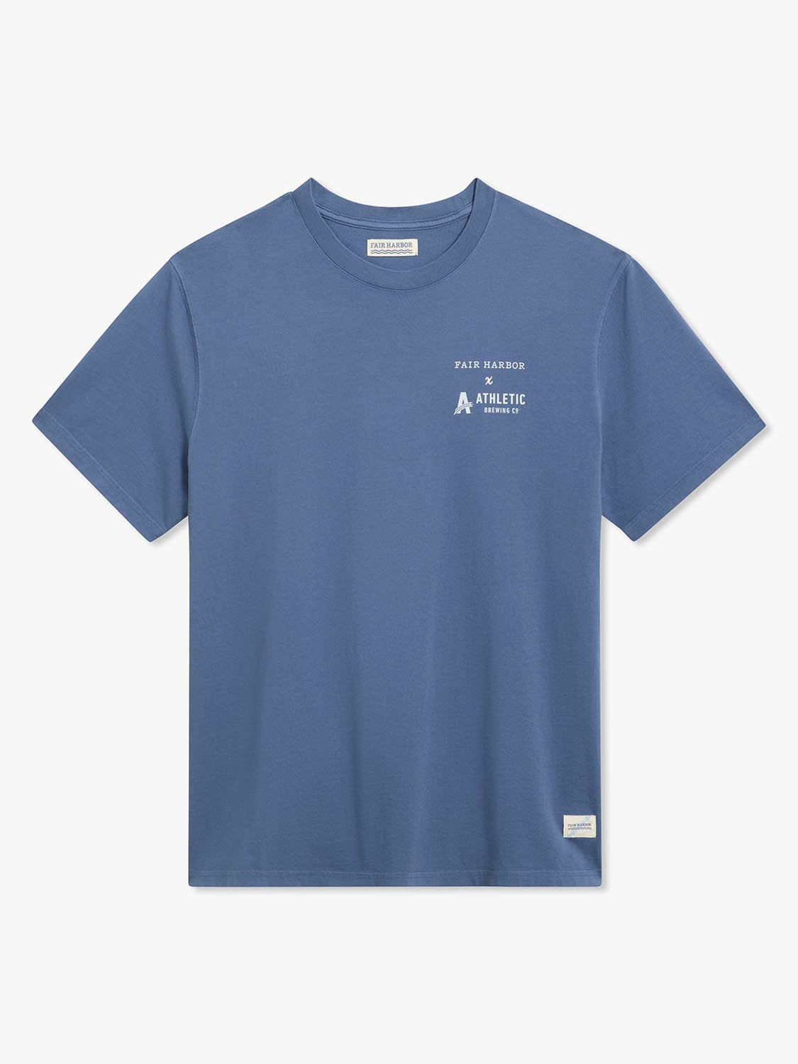Blue short-sleeve t-shirt with Fair Harbor and Athletic Brewing Company graphics printed on chest.