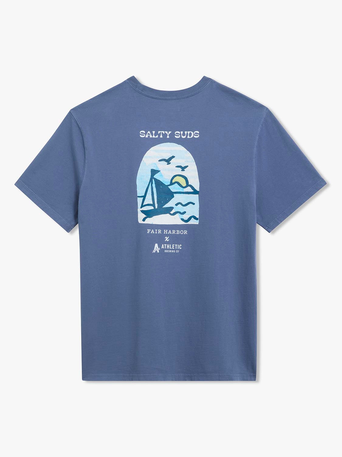 Slate blue t-shirt with white graphic featuring sailboat, birds, and sun over water with Salty Suds text.