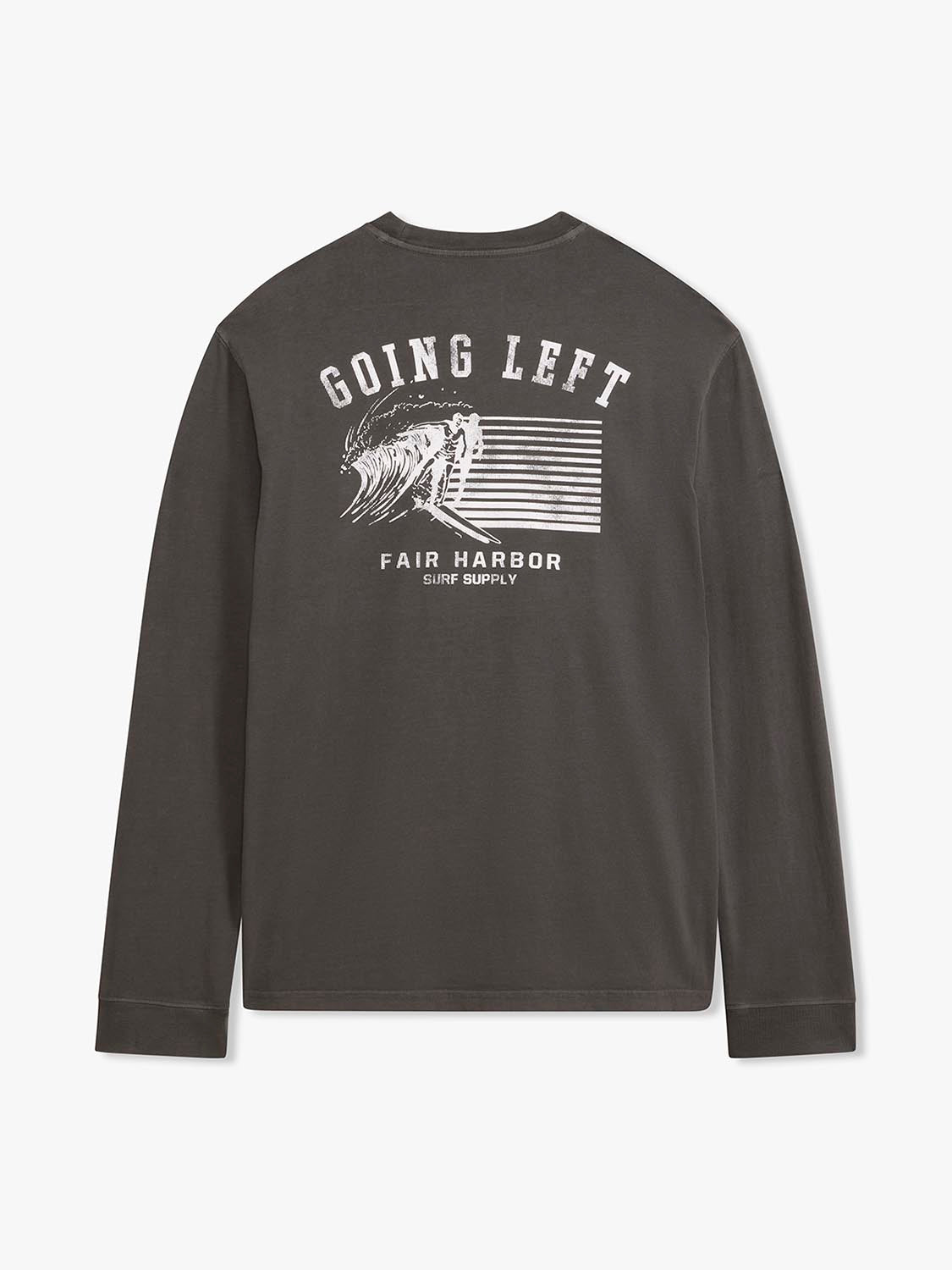 Charcoal long sleeve tee featuring white graphic with wave and 